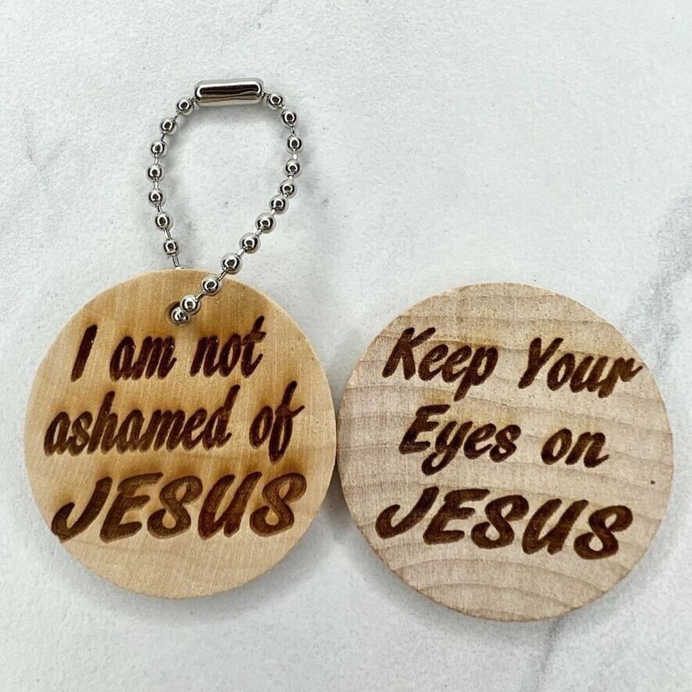 Keep Your Eyes on Jesus Romans 1:16 Wood Ball Chain Keychain Keyring and Disk